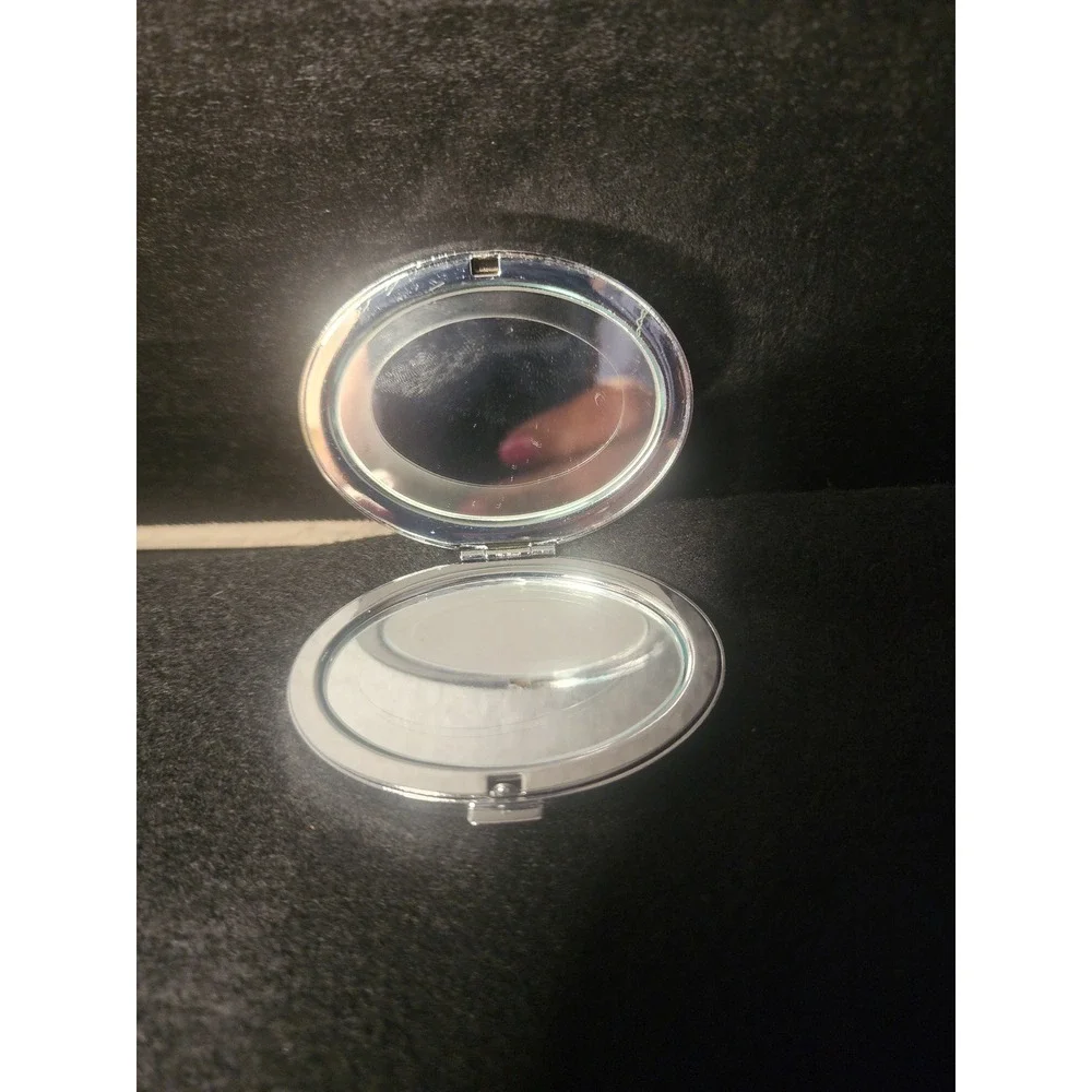 Silver Rhinestone Oval Compact Mirror Dual Folding Pocket Makeup Mirror Glam